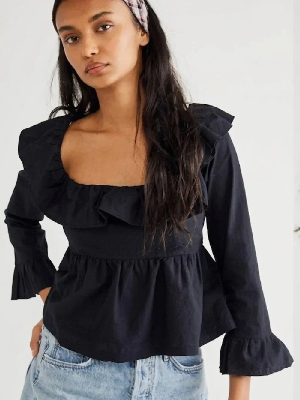 Free People Tulla Babydoll Open Back Long Sleeve Blouse - Black